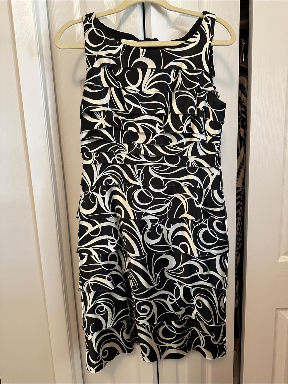 London Times Black and White Swirl Ruffled Sheath Dress